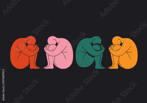 Mental Health Awareness Illustration of Diverse People Huddled in Isolation Representing Depression, Anxiety, and Emotional Support