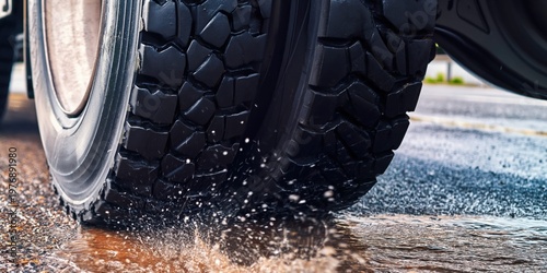 Close-up of heavy-duty truck tires driving through water on the road