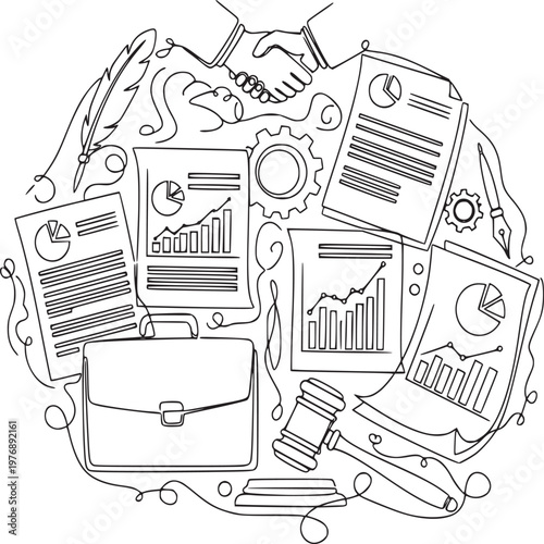 flat lay business analytics and financial planning tools with documents and laptop