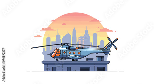 Modern blue helicopter rests on a flat urban rooftop helipad during a vibrant sunset with a silhouetted city skyline glowing in the warm evening horizon.