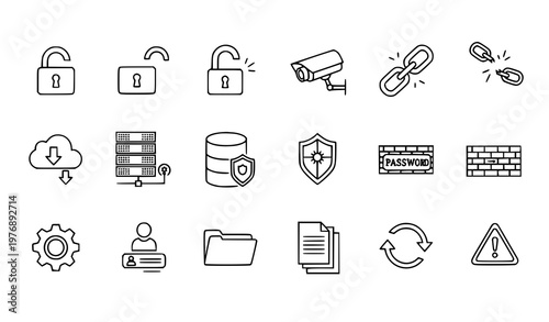 System and security outline icons set with lock server cloud download and protection symbols minimal vector collection