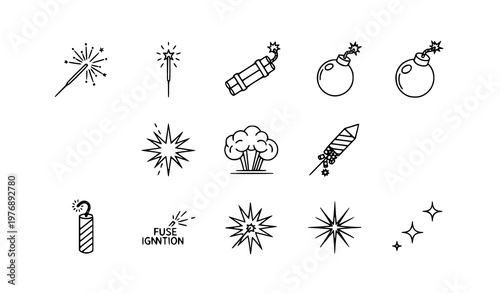 Spark outline icons set with explosion dynamite bomb and sparkler symbols in minimal line style vector collection