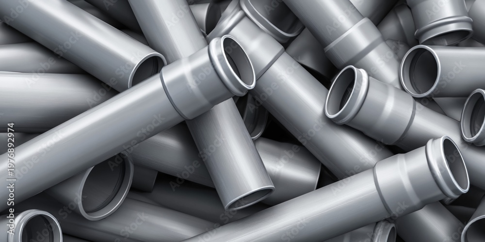 Fototapeta premium Chaotically arranged grey PVC water pipes create a textured background for construction themes