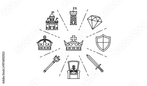 Royal radial outline icons set featuring castle crown diamond throne and heraldic symbols geometric vector style