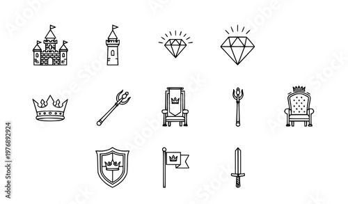 Royal outline icons set with castle crown diamond throne and medieval symbols in minimal line vector collection