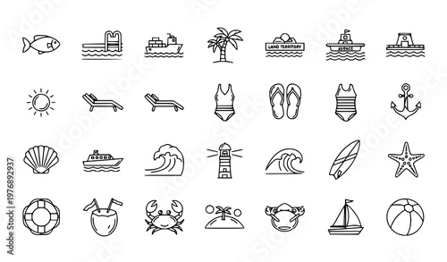 Editable sea outline icons set with beach palm ship fish harbor and summer vacation symbols geometric vector collection