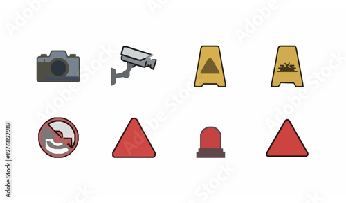 Caution and hazard filled icons set with camera wet floor warning and siren symbols for web and mobile vector design