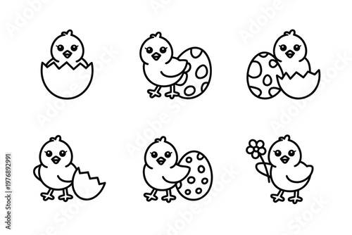 A set of adorable cartoon chicks hatching from eggs