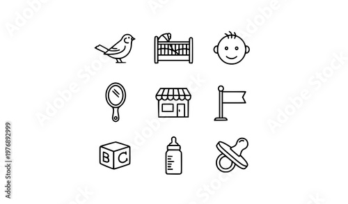 Small outline icons set with sparrow baby crib shop mirror and mini object symbols minimal vector collection