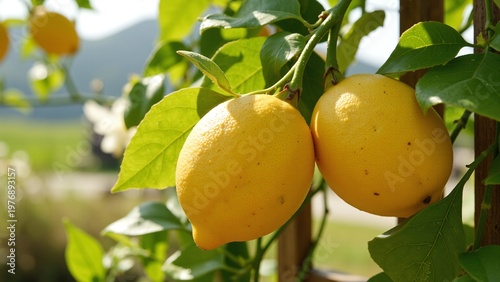 Glossy Yellow Lemons Hanging from Leafy Tree Branches in Morning Sunlight
