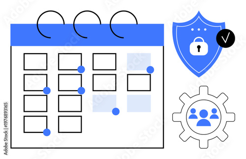 Data security concept. Data security illustrated with a calendar, shield lock, and teamwork icon. Data security ensures encrypted scheduling and collaboration safety. Suitable for cybersecurity