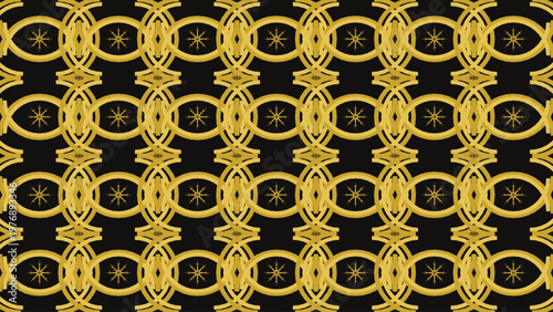 Seamless pattern with luxurious golden geometric shapes, creating an elegant and modern abstract design on a rich black background, perfect for sophisticated wallpaper, textile, fabric, or