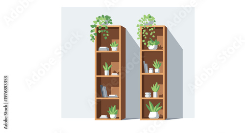 Two tall wooden shelving units feature trailing green plants and books while casting long dramatic shadows against a light grey wall in a modern room design.