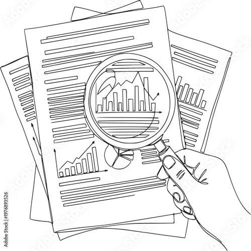 hand-drawn financial growth analysis with magnifying glass over stock charts and data reports