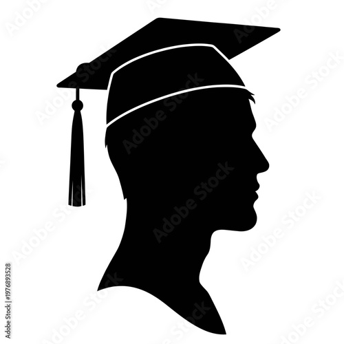 Silhouette of a man wearing a graduation cap in profile.