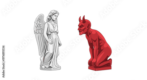 Full body white angel sculpture stands gracefully before kneeling red devil statue in pristine gallery setting with soft shadows and clean white background.