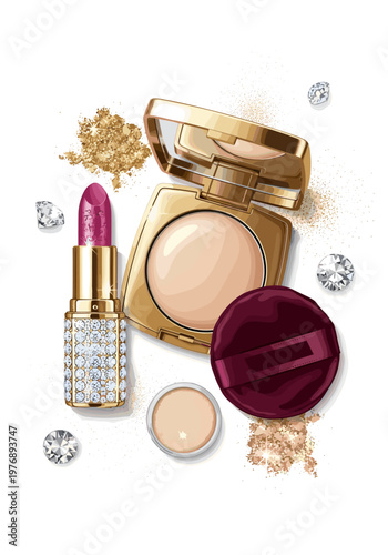 Luxury makeup items, including a diamond-encrusted lipstick, a golden compact with a mirror, and a velvet cushion, scattered with diamonds, exuding opulence and glamour