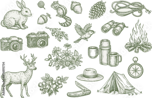 Doodle camping. Hiking camp natural wood scout outdoor summer adventure sketch outline vector icons. Illustration of sketch hiking tourism, travel expedition elements 
