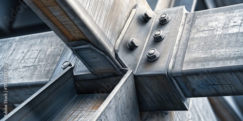 Close-up view of a robust steel structural joint with bolts and welds