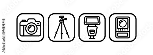 Set of icons representing photography equipment, including a camera, tripod, flash, and photo editing software interface, symbolizing creative tools for visual artists