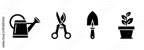 A collection of essential gardening tools including a watering can, pruning shears, hand trowel, and potted plant, representing the core elements of home gardening and plant care