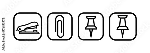 Set of four office supplies icons including a stapler, paperclip, and two thumbtacks in a clean line art style with rounded corners