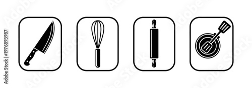 Set of four kitchen utensil icons including a knife, whisk, rolling pin, and spatula in a frying pan, presented in a clean, minimalist black and white design