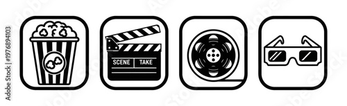 Monochrome vector icons for cinema popcorn, clapperboard, film reel, and 3D glasses. Essential graphic elements for movie and entertainment themes
