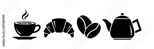Vector icons illustrating breakfast and coffee elements a hot beverage cup, a pastry, coffee beans, and a serving pot, ideal for cafe branding and morning designs