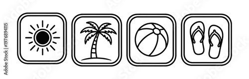 Stylized summer vacation icon set for web and print, showcasing leisure time elements like sun, palm tree, beach ball, and casual sandals in a clean, minimalist design for seasonal themes