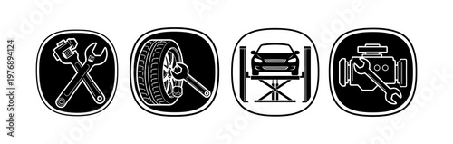 Set of four circular icons representing car repair and maintenance services including tools, a car on a lift, and an engine