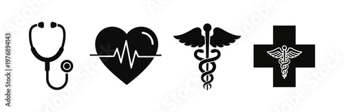 Diverse set of essential healthcare service icons, featuring medical diagnostic tools, heart health, and emergency symbols for professional graphic design