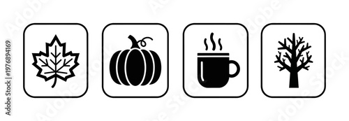Iconography depicting autumnal elements including a maple leaf, pumpkin, hot beverage, and a bare tree, representing the fall season
