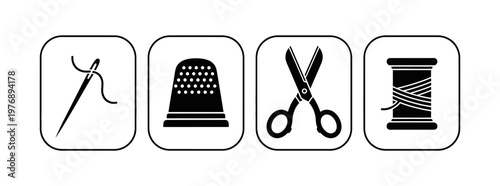 Set of four black and white sewing icons needle and thread, thimble, scissors, and spool of thread, representing craft and tailoring essentials