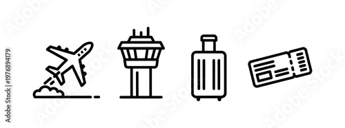 A set of four travel-related icons an airplane taking off, an air traffic control tower, a suitcase, and a boarding pass, representing air travel and transportation services