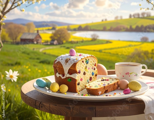 A serene landscape with a wooden table holding a plate of cake and eggs