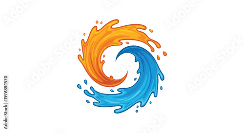 Stylized circular swirl of orange and blue liquid splashes forms harmonious yin-yang shape on clean white background in bright vibrant graphic art style.