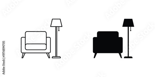 Armchair and floor lamp outline and solid black silhouettes set