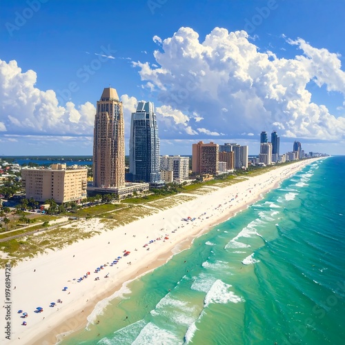 Aerial view of a beach city with tall buildings and turquoise water