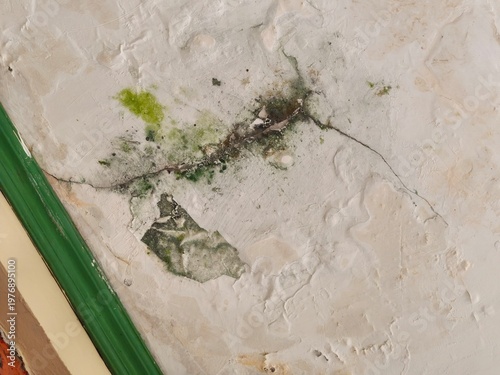 Close-up of Water Damaged and Moldy White GRC Gypsum Ceiling Surface, Home Repairs Problem with Wet Stain and Rotten Crumbling Texture, Close up Photography of Moisture and Mildew Damage in Building