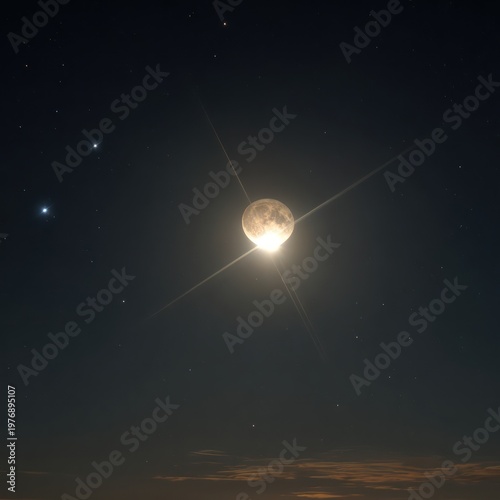 Bright Full Moon in Night Sky with Stars and Clouds