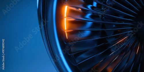 Close-up view of abstract blue engine turbine blades with glowing orange accents