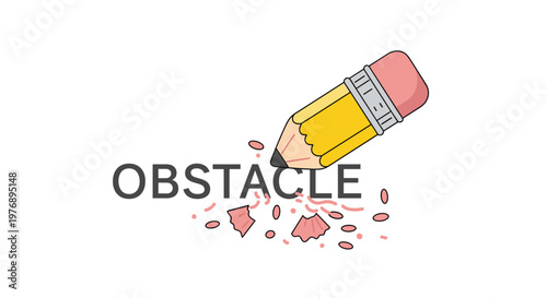 Yellow wooden pencil with a pink rubber eraser actively removes the word obstacle on a clean white surface with scattered pencil shavings underneath it.