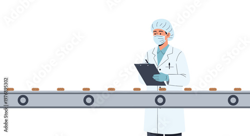 Quality control scientist wearing a mask and hairnet holds a clipboard while inspecting baked cookies moving along a long industrial factory conveyor belt.