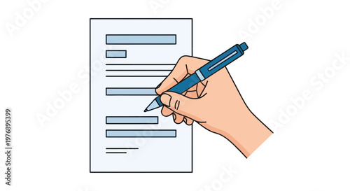 Hand holding pen signing document form with blank lines for information