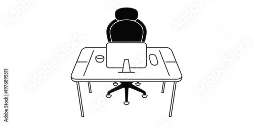 A person sits at a desk with a computer and chair in an office.