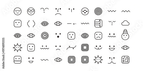 A variety of emoticon faces are arranged in rows on a white background.