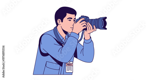 Man holding camera taking picture with lens and strap around neck in blue shirt
