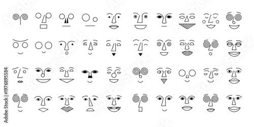 A collection of various cartoon faces with different expressions and accessories.