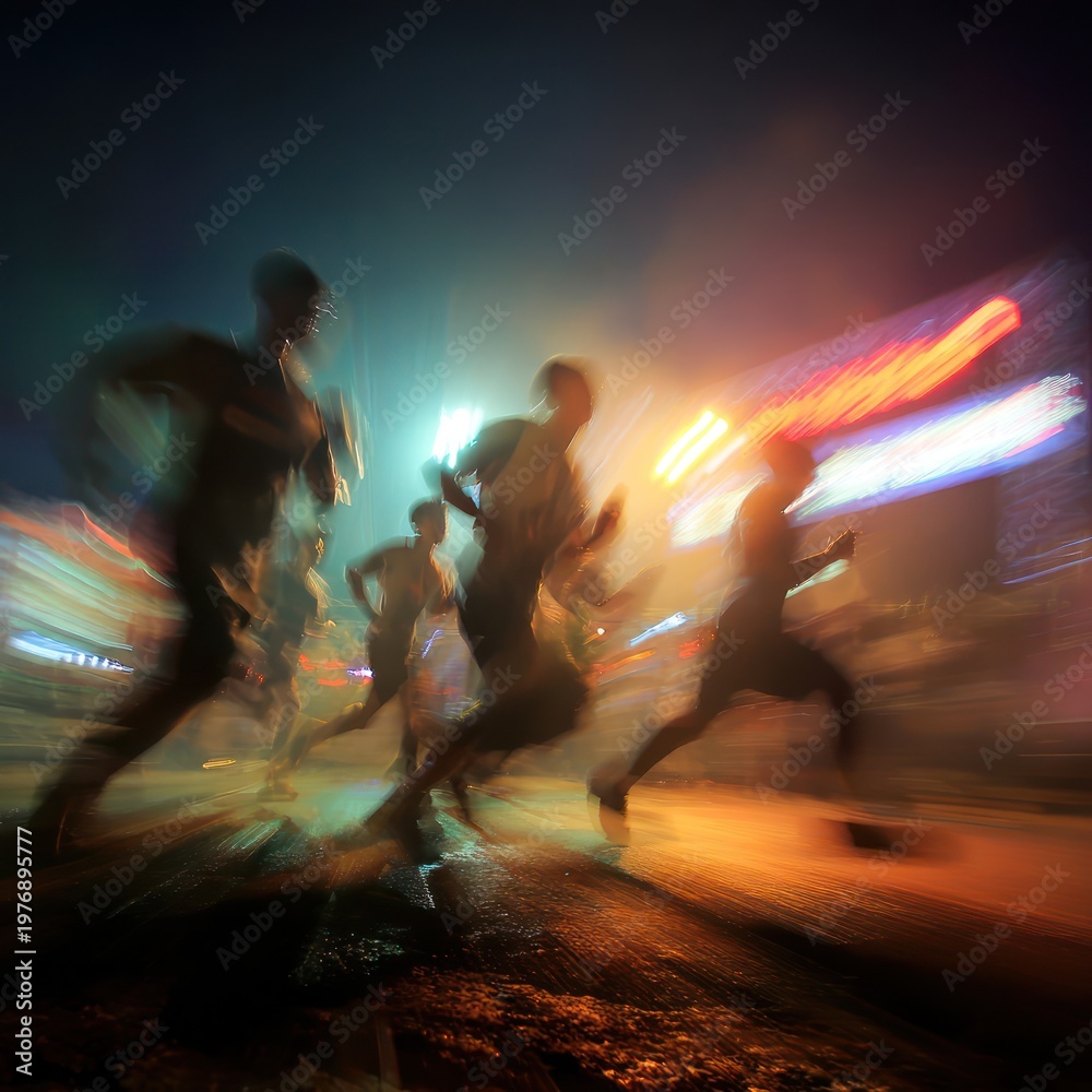 Fototapeta premium Nighttime Crowd Running Motion Blur in Vibrant City Lights